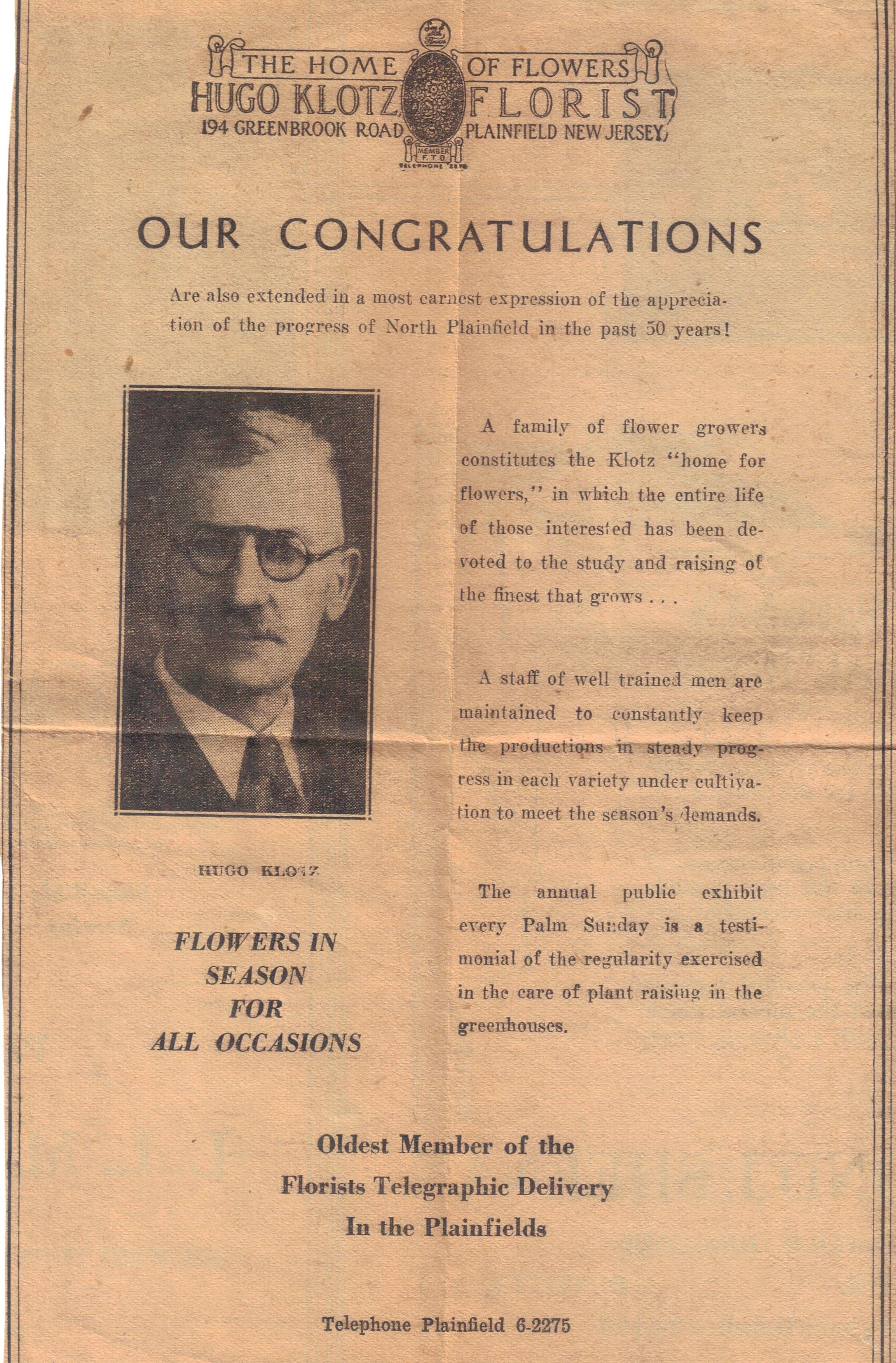 clipping of ad possibly from a commemorative section for North Plainfield